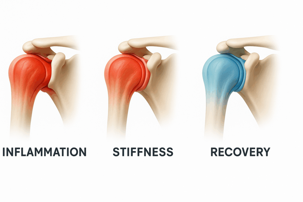 五十肩の3つの時期（炎症期・拘縮期・回復期）を示した3D医療イラスト。赤から青への色変化で回復過程をわかりやすく可視化。