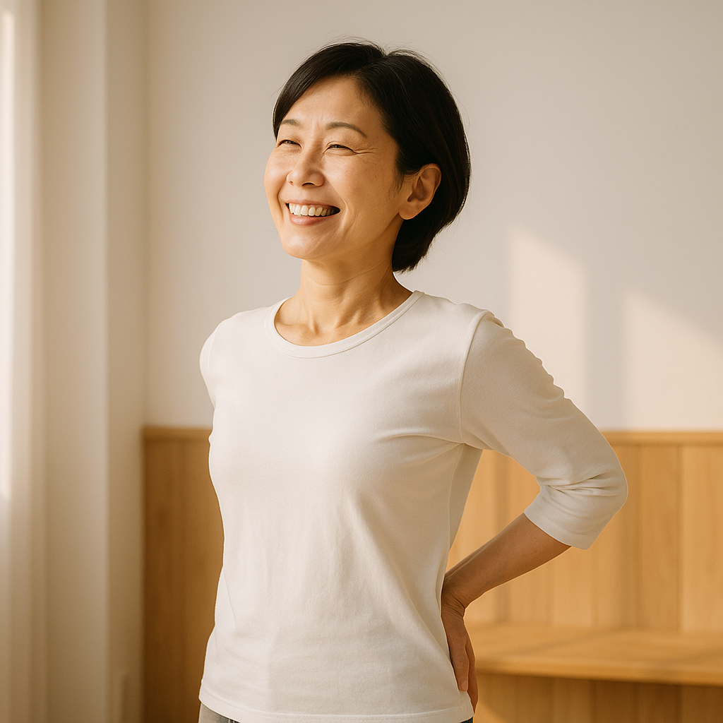 姿勢を正して笑顔で肩を伸ばす中年女性。自然光が差し込む木目調のスタジオで、五十肩からの回復と心の安らぎを感じさせるシーン。