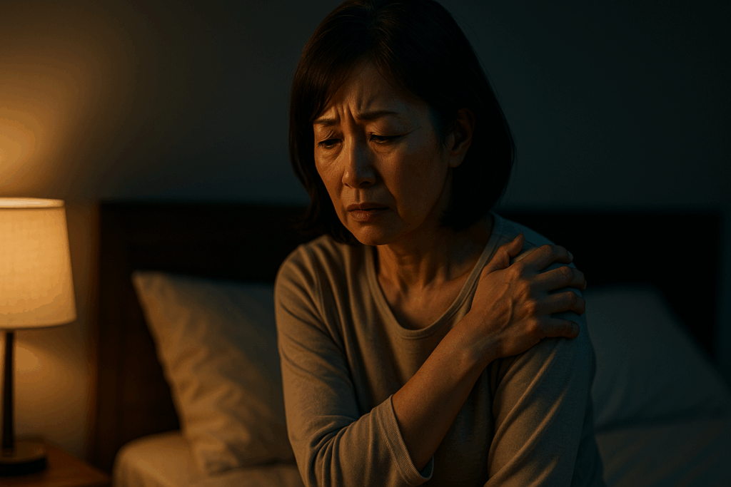 夜間痛で眠れず、肩を押さえてつらそうにする中年女性。五十肩の急性期の痛みを表現した写真。
