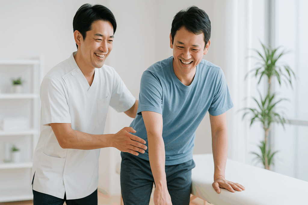 理学療法士が男性患者に優しく肩の振り子運動を指導している様子。明るく清潔なリハビリ室で笑顔が印象的。