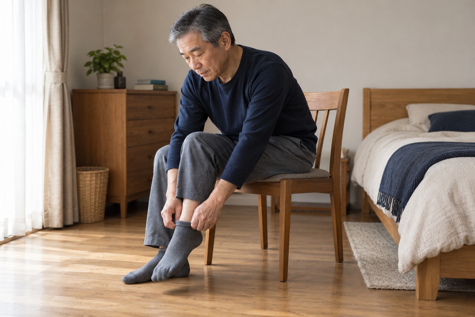 椅子に座って靴下を履く男性のイメージ
